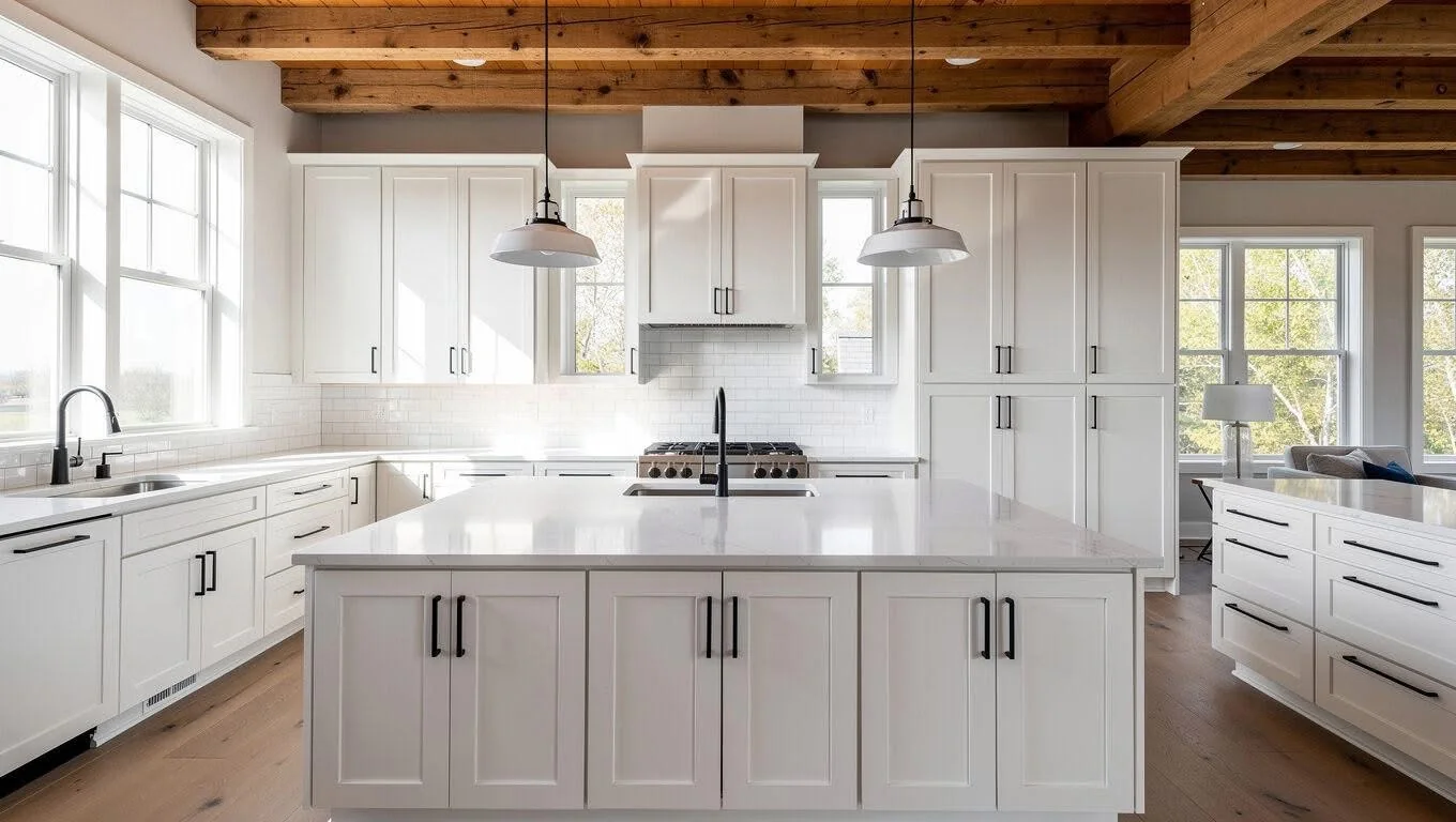 Finished white kitchen cabinetry with a large island